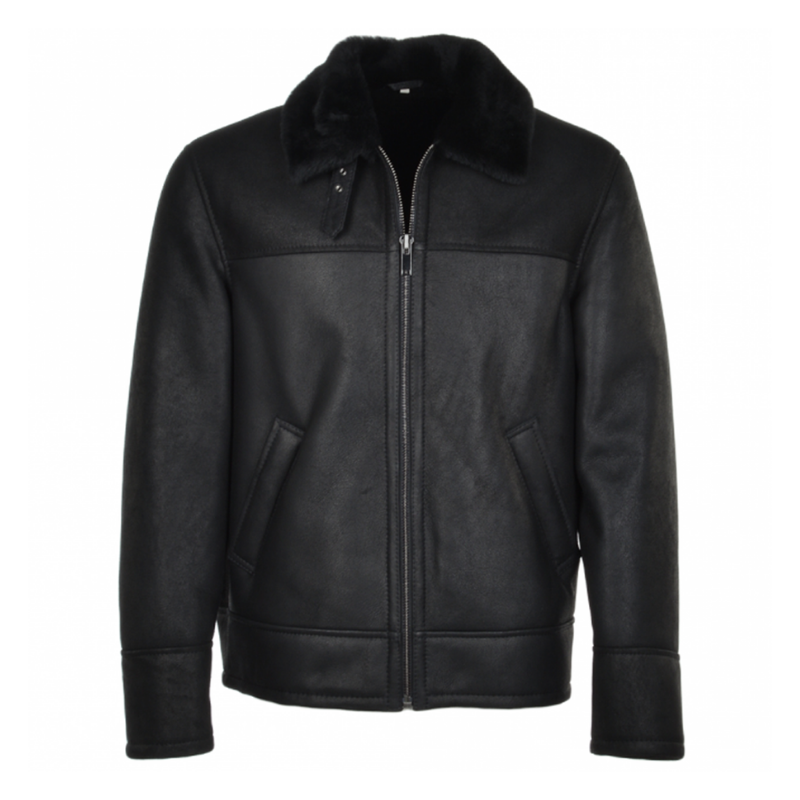 Men's Sheepskin Genuine Leather Jacket with Fur Collar | Black The Stitch Fit