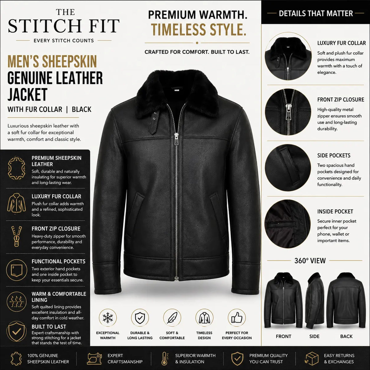 Black leather jacket with fur collar on a white background, featuring product details and design elements.
