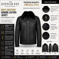 Black leather jacket with fur collar on a white background, featuring product details and design elements.