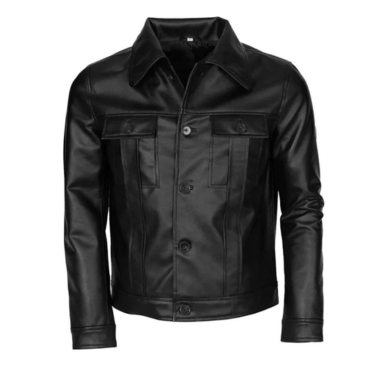 Men's Motorcycle Trucker Style Leather Jacket | Black