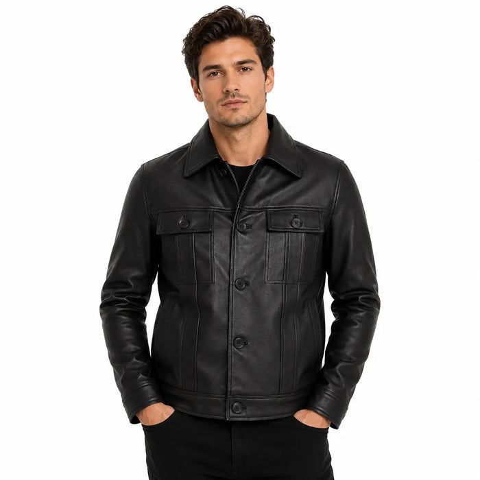 Man wearing a black leather jacket on a white background