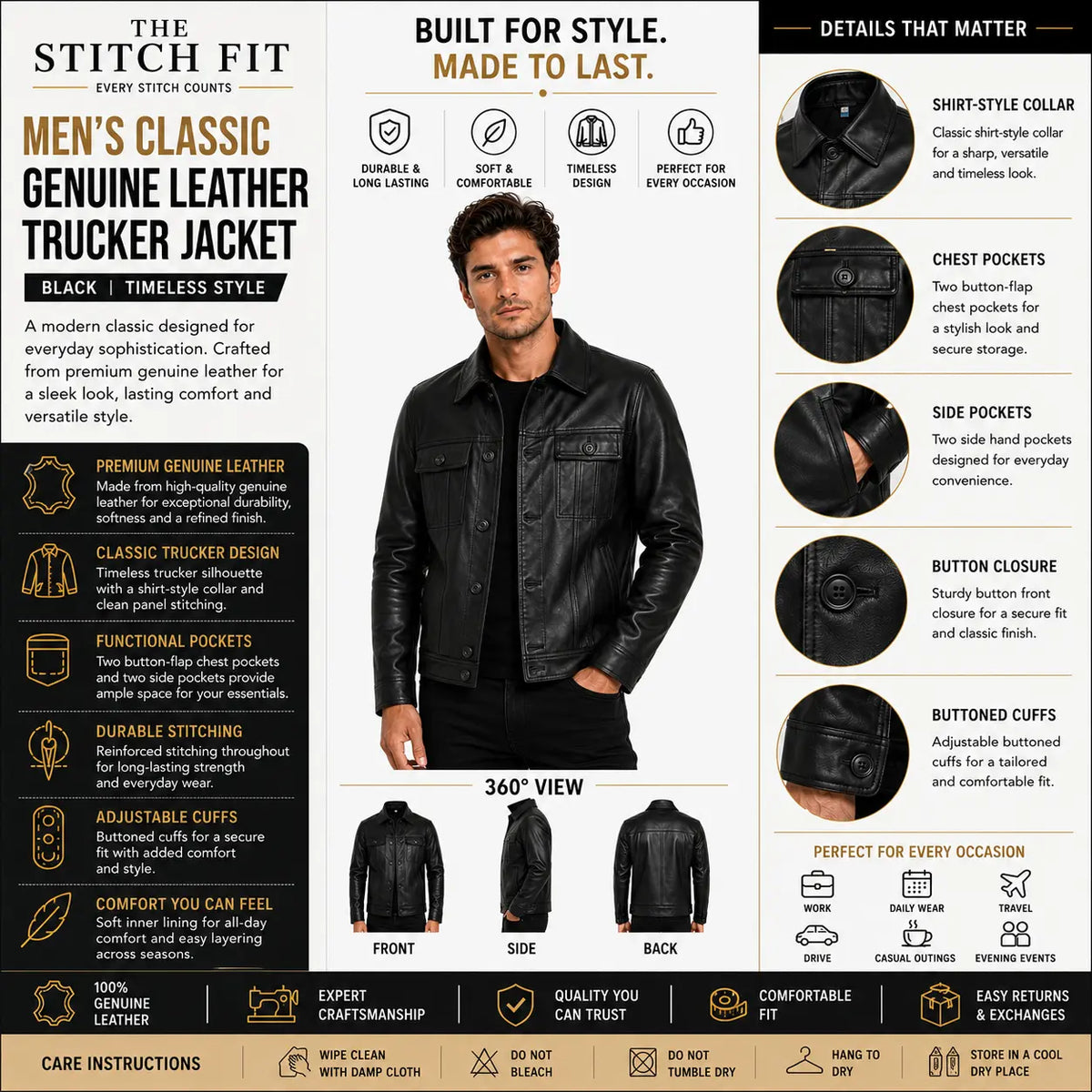 The Stitch Fit Men's Black Leather Trucker Jacket – Classic Button Front Genuine Leather Jacket