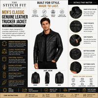 The Stitch Fit Men's Black Leather Trucker Jacket – Classic Button Front Genuine Leather Jacket