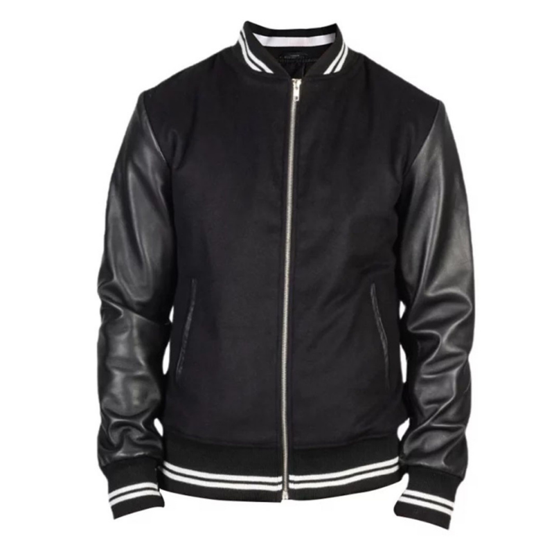 Men's Harrington Bomber Leather Varsity Style Jacket | Black The Stitch Fit