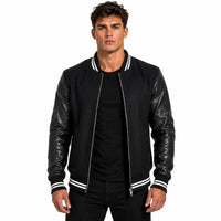 Men's Harrington Bomber Leather Varsity Style Jacket | Black The Stitch Fit