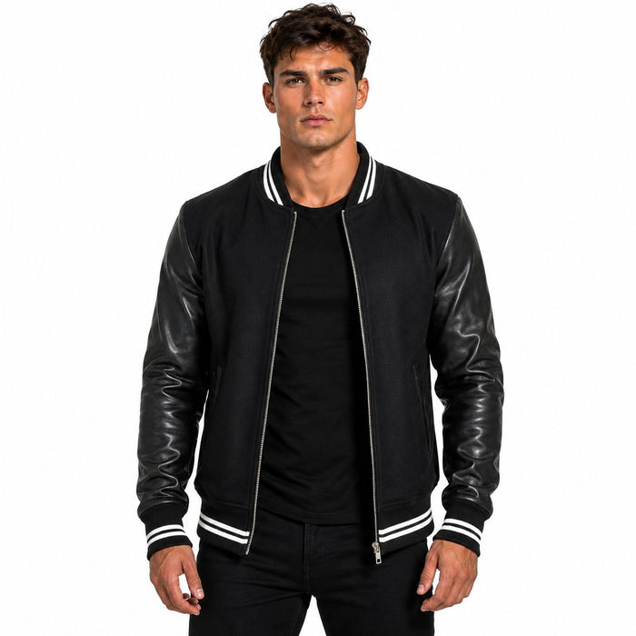 Men's Harrington Bomber Leather Varsity Style Jacket | Black The Stitch Fit
