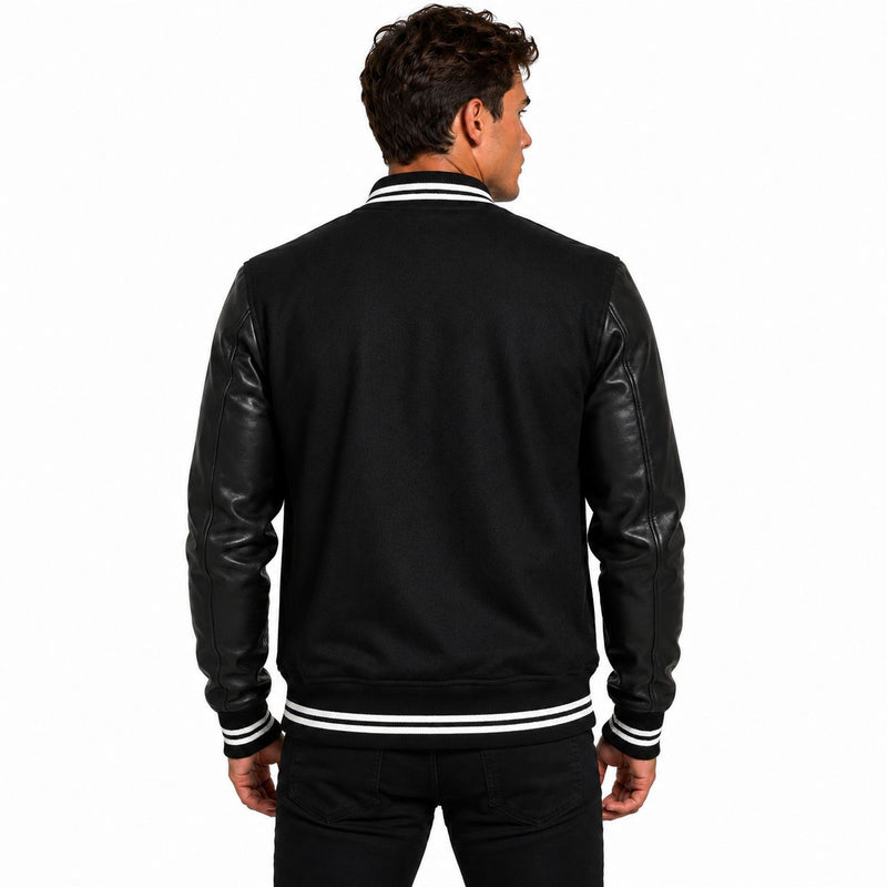 Men's Harrington Bomber Leather Varsity Style Jacket | Black The Stitch Fit