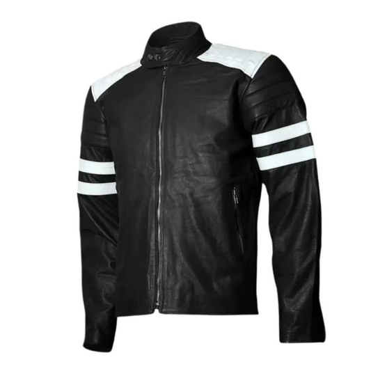 Men's Retro Cafe Racer Leather Jacket, Classic Fit, with White Stripes | Black