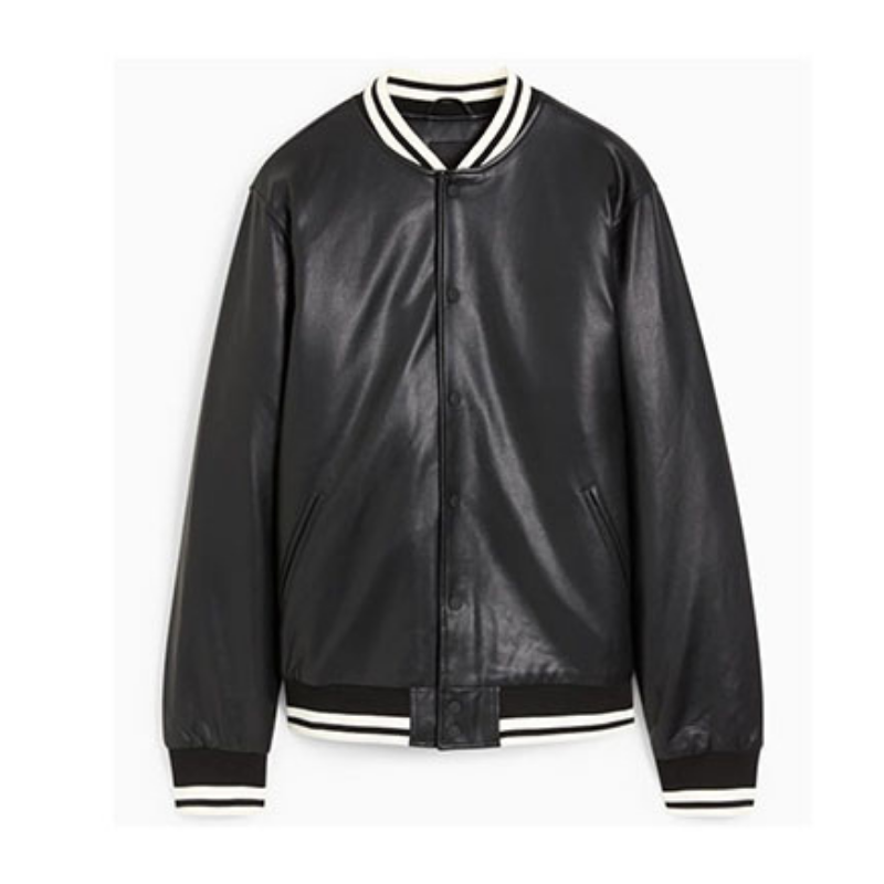 Men's Faux Leather Bomber Varsity Jacket, two side pockets, Black (Also Available in Real Leather) | Black The Stitch Fit
