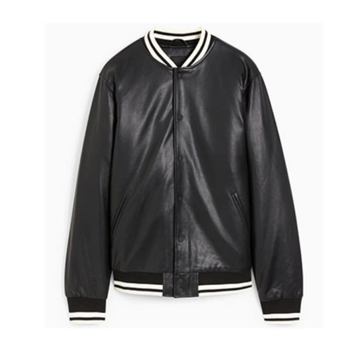 Men's Faux Leather Bomber Varsity Jacket, two side pockets, Black (Also Available in Real Leather) | Black The Stitch Fit