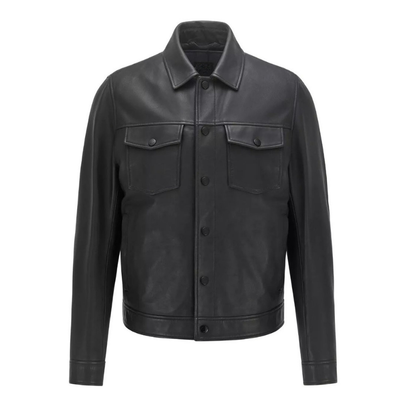 Men's Trucker Faux Leather Jacket, Button Closure, Two Pockets (Also Available in Real Leather) | Black The Stitch Fit