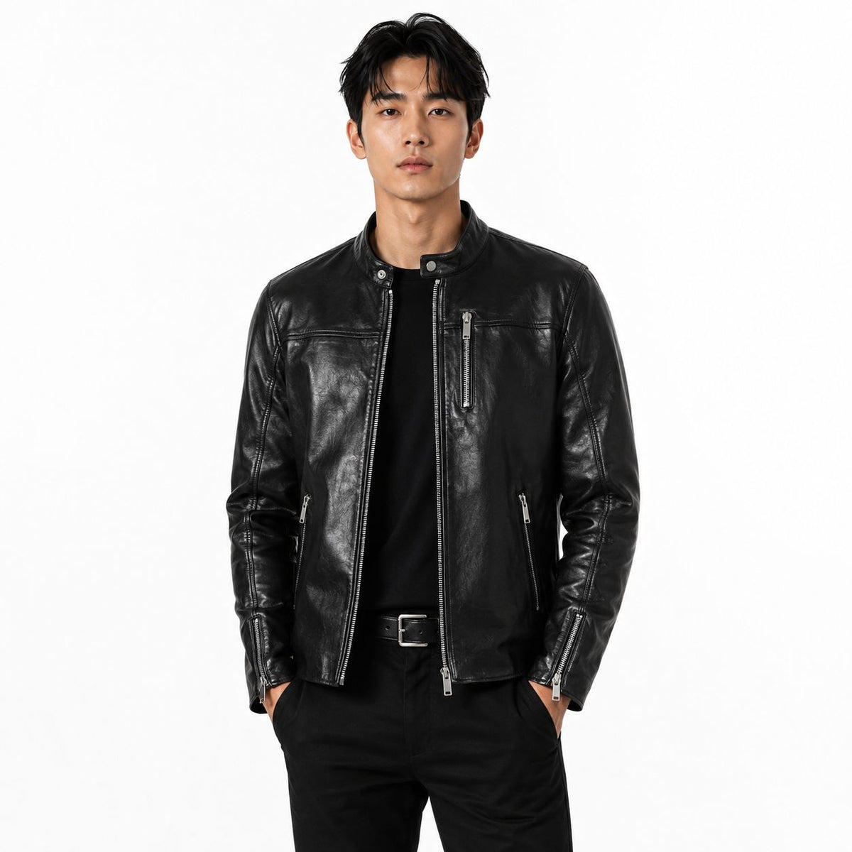 Man wearing a black leather jacket on a white background