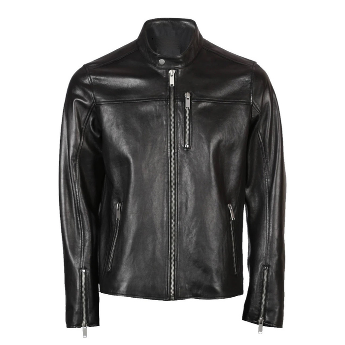 Men's Band Snap Tab Collar Biker Leather Jacket | Black The Stitch Fit