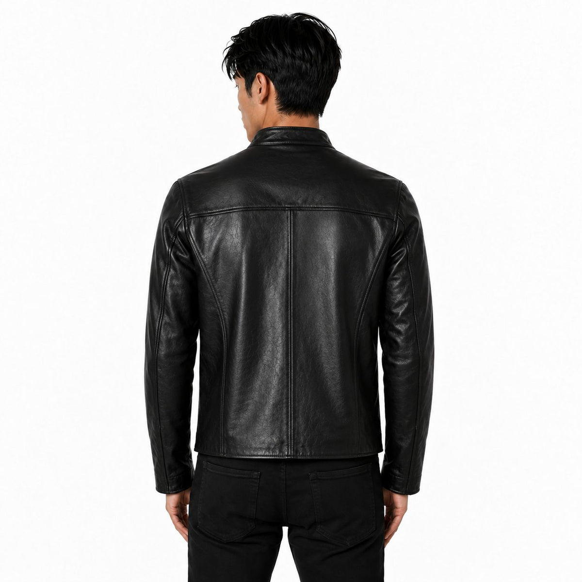 Man wearing a black leather jacket on a white background