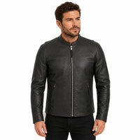 Man wearing a black leather jacket on a white background