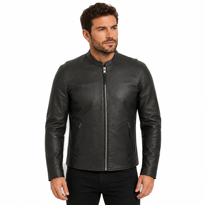 Man wearing a black leather jacket on a white background
