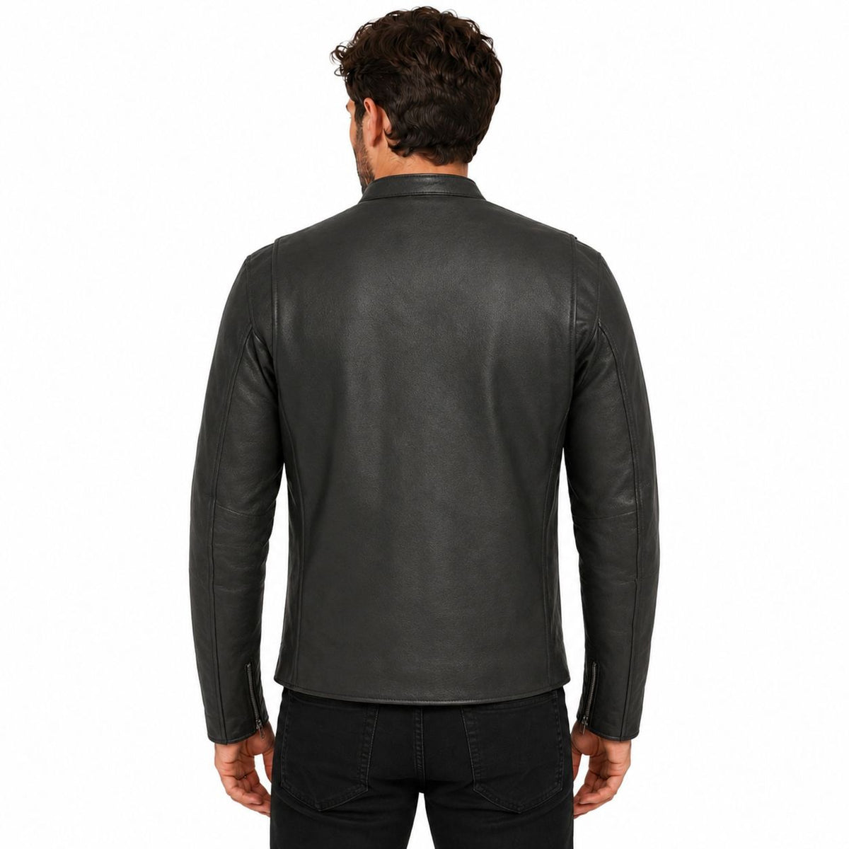 Man wearing a black leather jacket on a white background