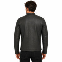 Man wearing a black leather jacket on a white background