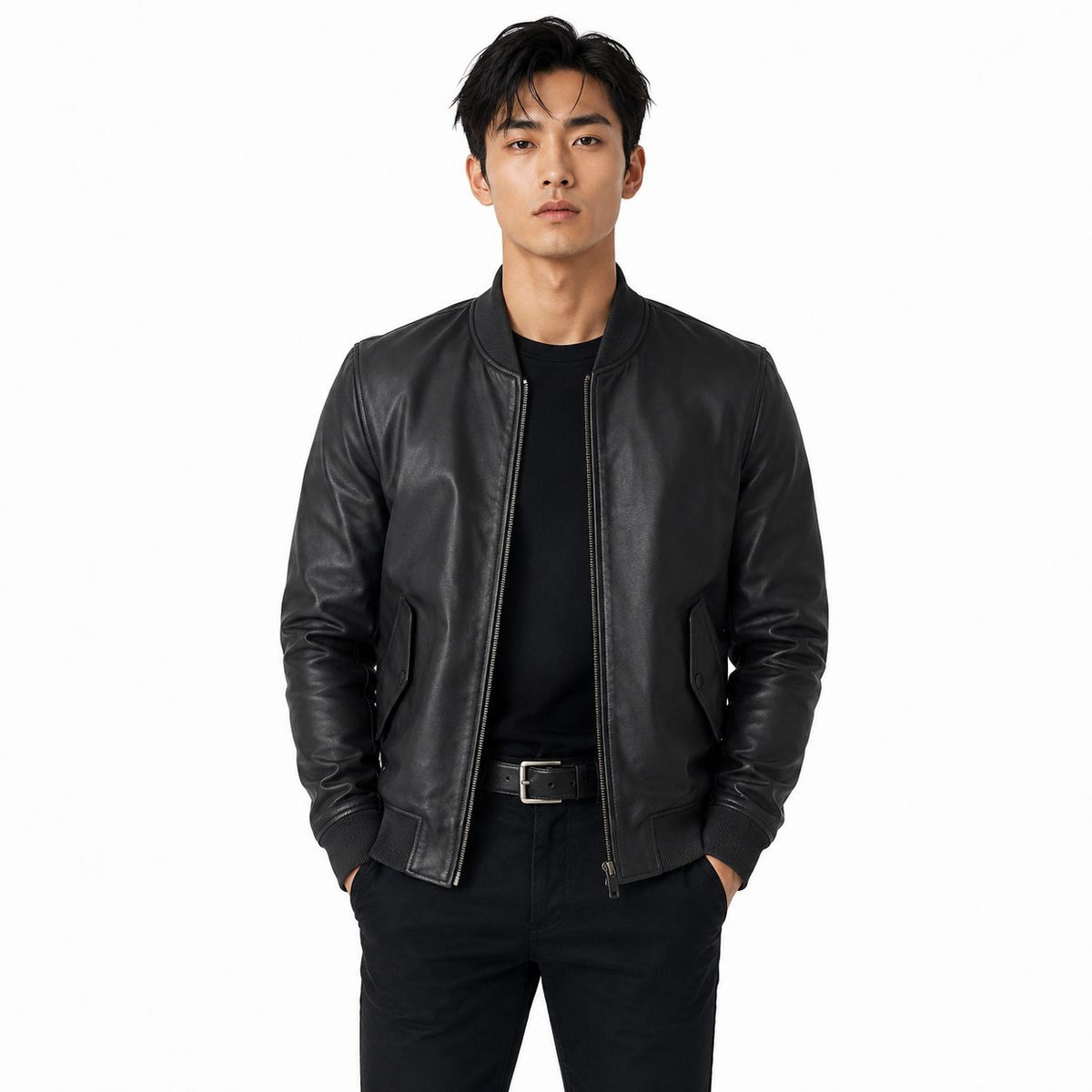 Man wearing a black leather jacket on a white background The Stitch Fit