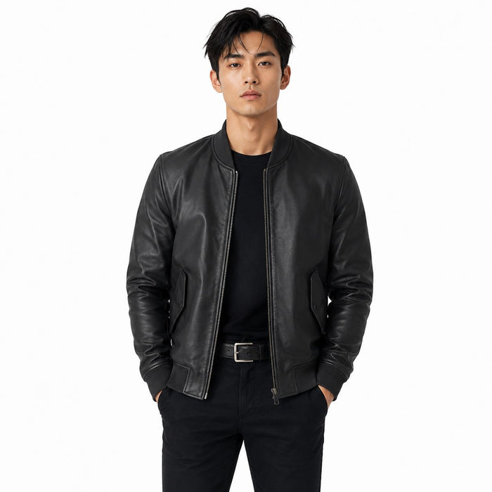 Man wearing a black leather jacket on a white background The Stitch Fit