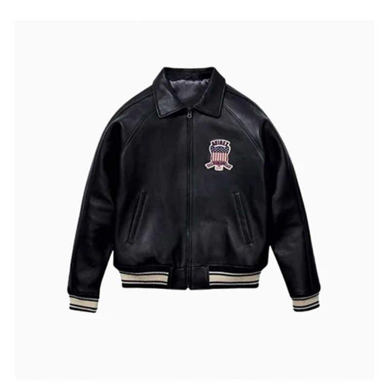 Men's Avirex Real Leather Jacket, Black Flight Bomber, American Varsity Style | Black The Stitch Fit