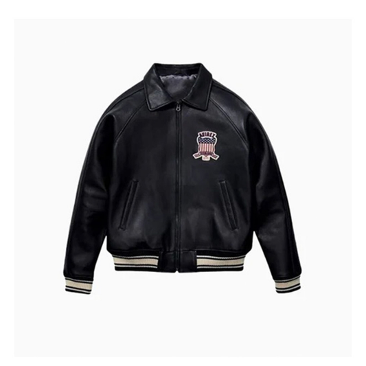 Men's Avirex Real Leather Jacket, Black Flight Bomber, American Varsity Style | Black