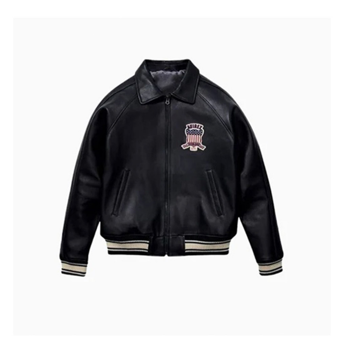 Men's Avirex Real Leather Jacket, Black Flight Bomber, American Varsity Style | Black The Stitch Fit