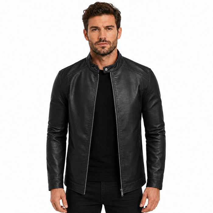 Man wearing a black leather jacket on a white background