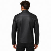 Man wearing a black leather jacket on a white background
