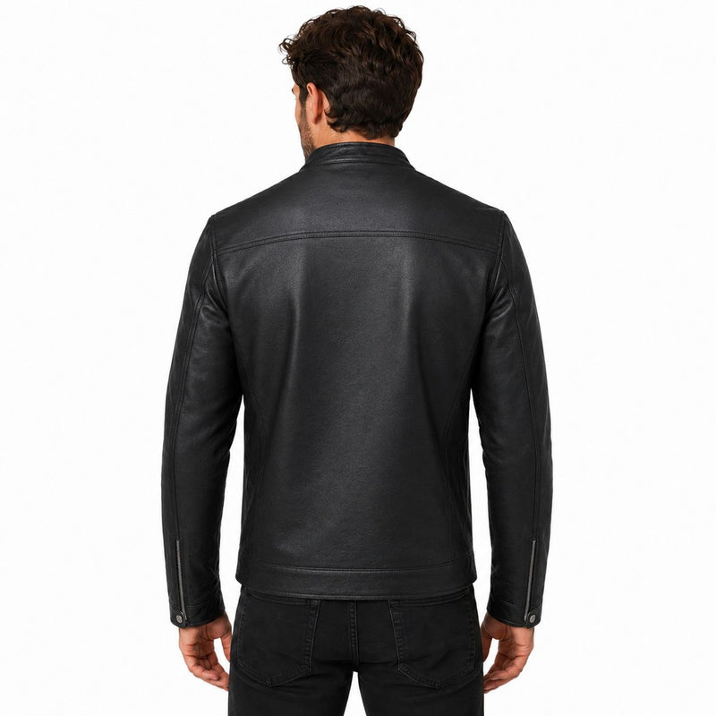 Man wearing a black leather jacket on a white background