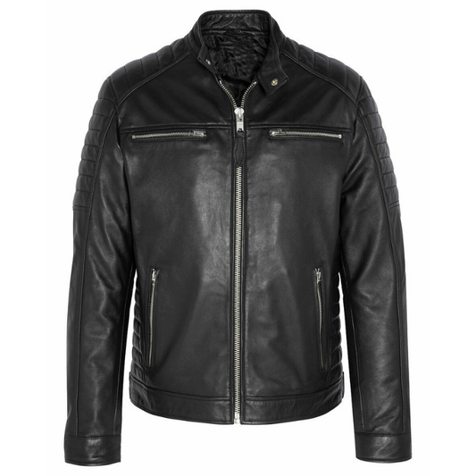 Men's  Leather Jacket with Zippers and Quilted Shoulder | Black