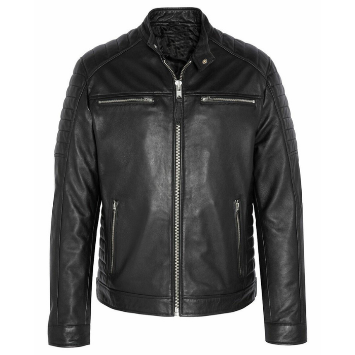Men's  Leather Jacket with Zippers and Quilted Shoulder | Black The Stitch Fit