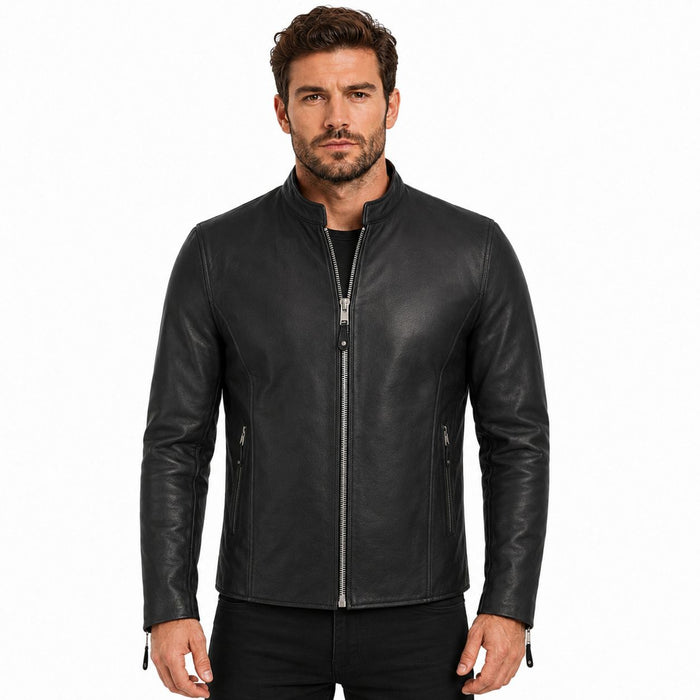Man wearing a black leather jacket on a white background