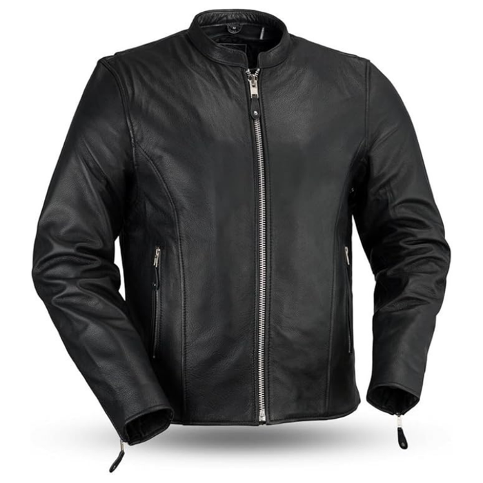 Men's Leather Biker Jacket with Zipper Closure | Black The Stitch Fit