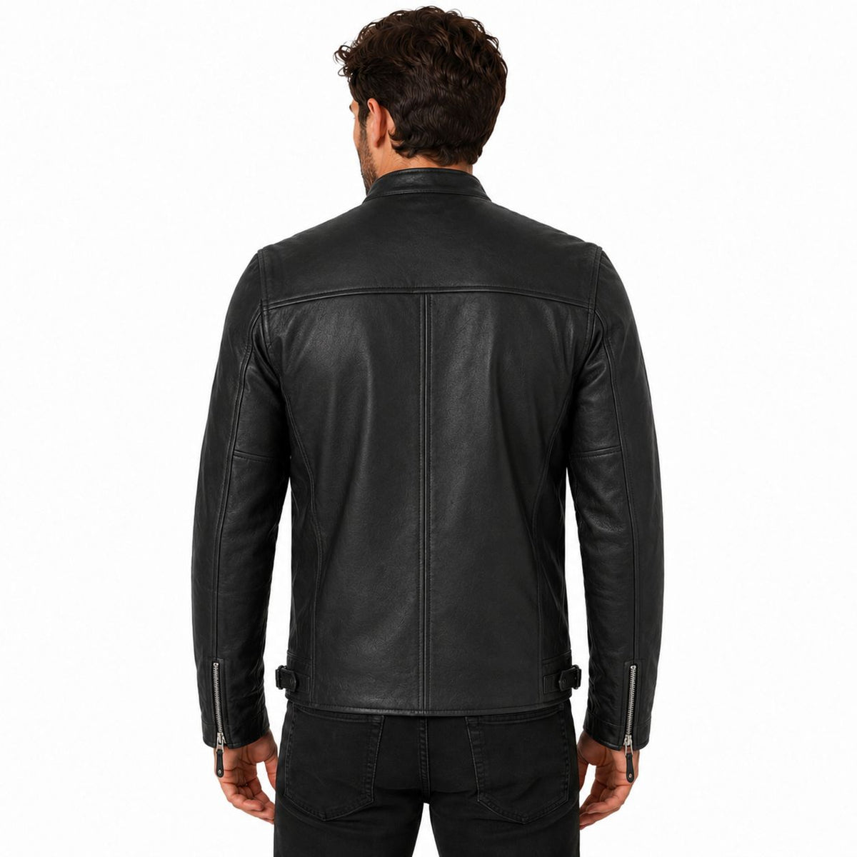 Man wearing a black leather jacket on a white background