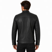 Man wearing a black leather jacket on a white background