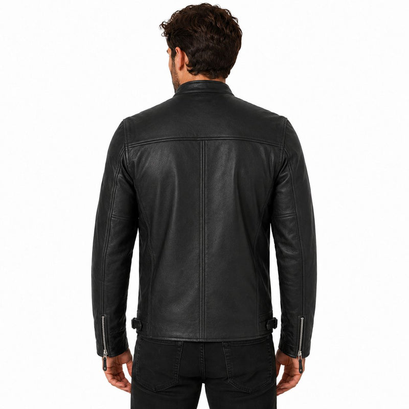 Man wearing a black leather jacket on a white background