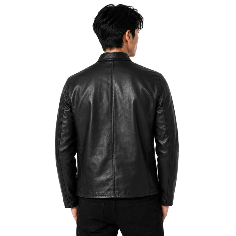 Man wearing a black leather jacket on a white background