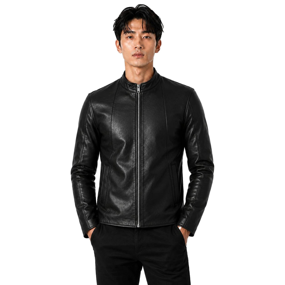 Man wearing a black leather jacket on a white background
