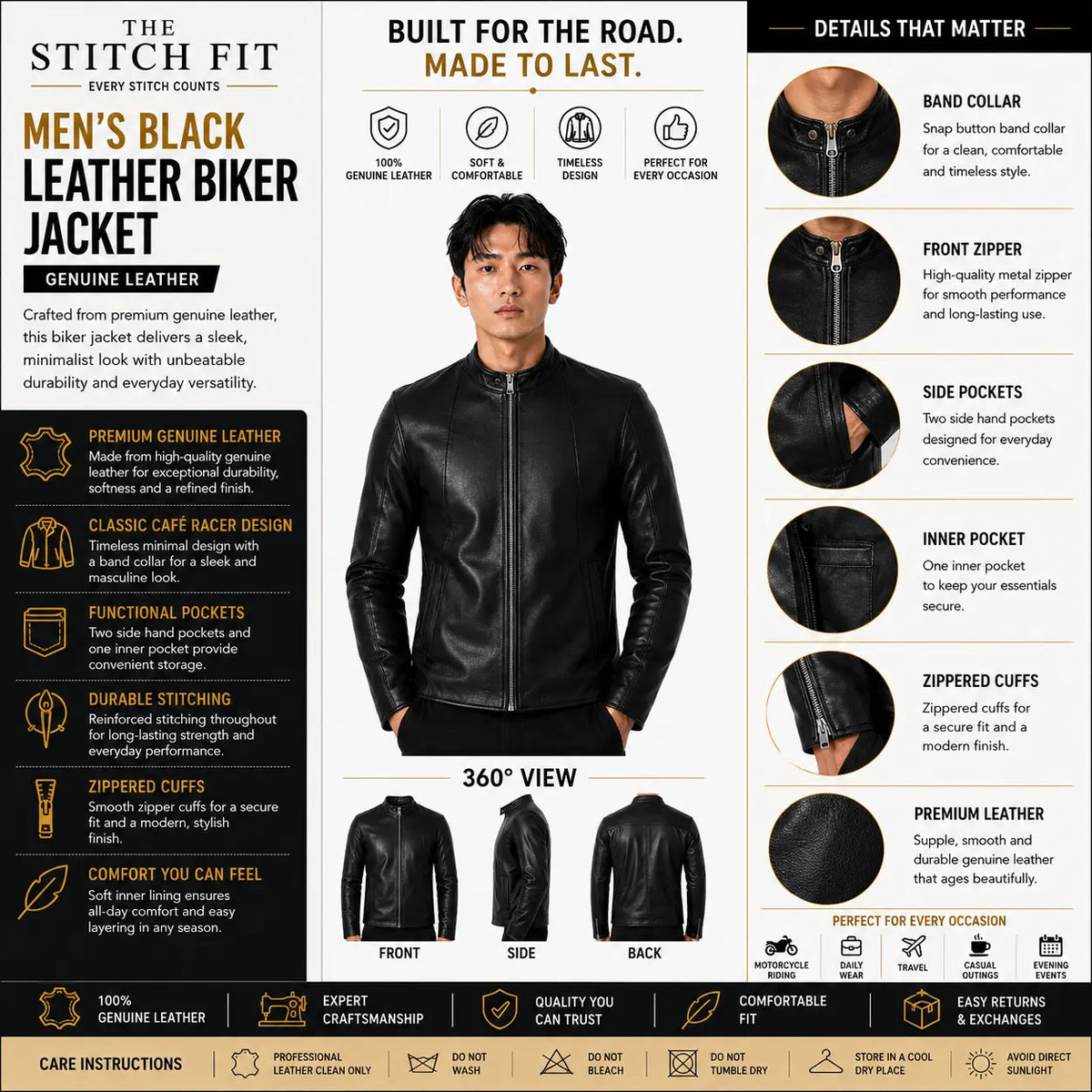 The Stitch Fit Men's Black Leather Biker Jacket – Genuine Leather Café Racer Motorcycle Jacket