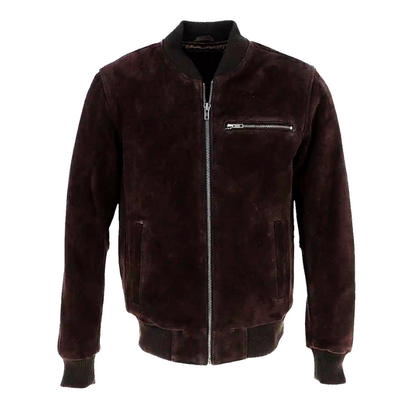 Men's Suede Bomber Jacket  Leather, Full Zip Front with Chest Pocket | Brown The Stitch Fit
