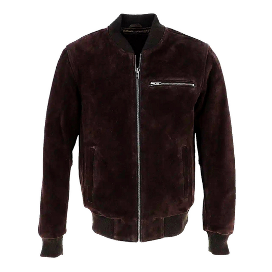 Men's Suede Bomber Jacket  Leather, Full Zip Front with Chest Pocket | Brown