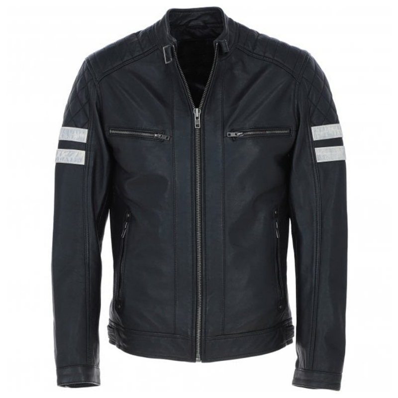 Men's Motorcycle Leather Jacket  Quilted Shoulders, Full Zip | Black & Blue The Stitch Fit