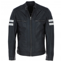 Men's Motorcycle Leather Jacket  Quilted Shoulders, Full Zip | Black & Blue The Stitch Fit