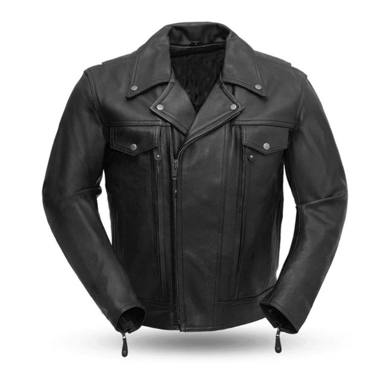 Men's Classic Motorcycle Leather Jacket , Zip Front, Multiple Pockets | Black The Stitch Fit