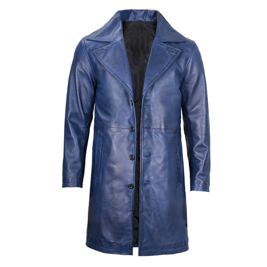 Men's  3/4 Length Trench Leather Coat | Navy Blue