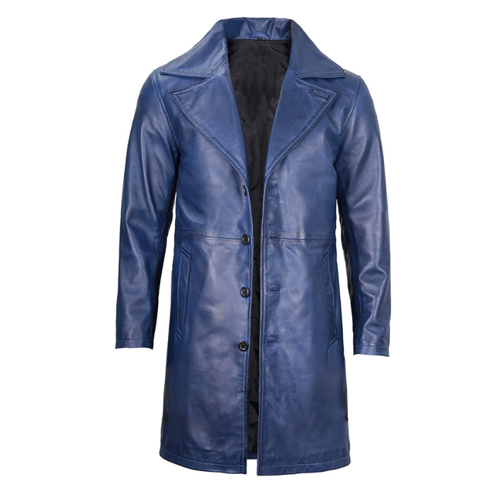 Men's  3/4 Length Trench Leather Coat | Navy Blue The Stitch Fit