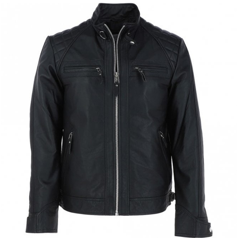 Men's Motorcycle Leather Jacket, Multiple Zippered Pockets | Black The Stitch Fit