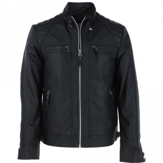 Men's Motorcycle Leather Jacket, Multiple Zippered Pockets | Black