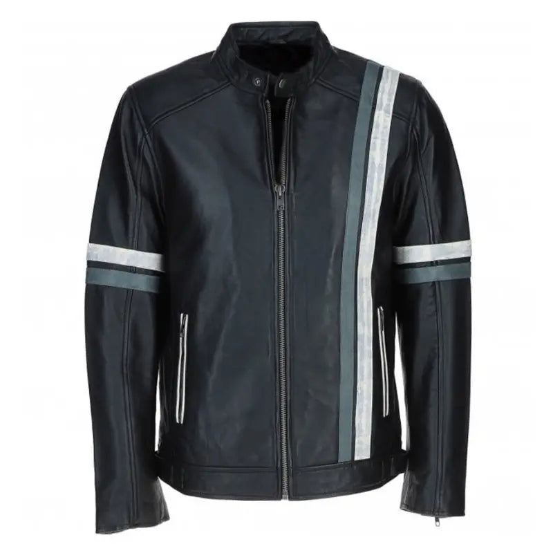 Men's Motorcycle Leather Jacket Gray & White Stripes | Blue & Black The Stitch Fit